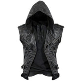 Classic Black Hooded Genuine Sheepskin Leather Vest Coat For Men
